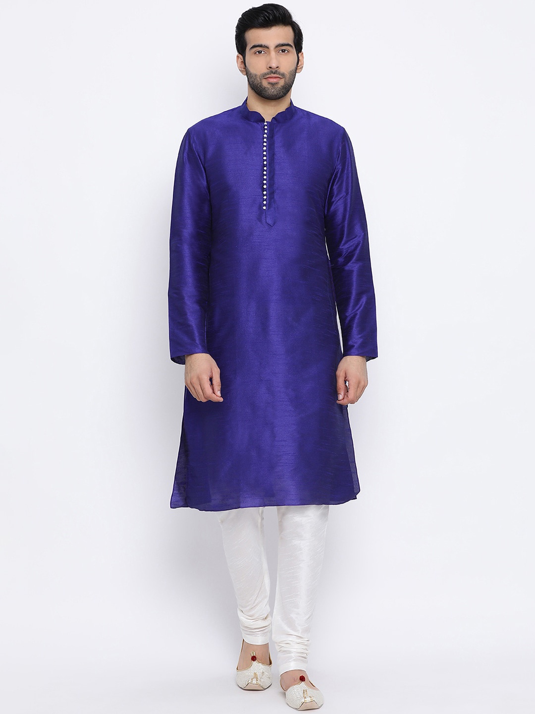 

NAMASKAR Men Blue Dupion Silk Solid Kurta with Churidar