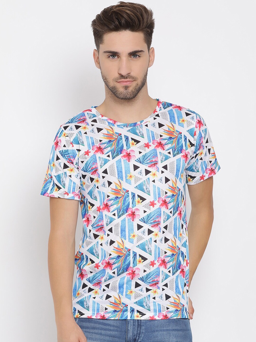 

hangup trend Men White Blue Printed Round Neck Pure Cotton T-shirt