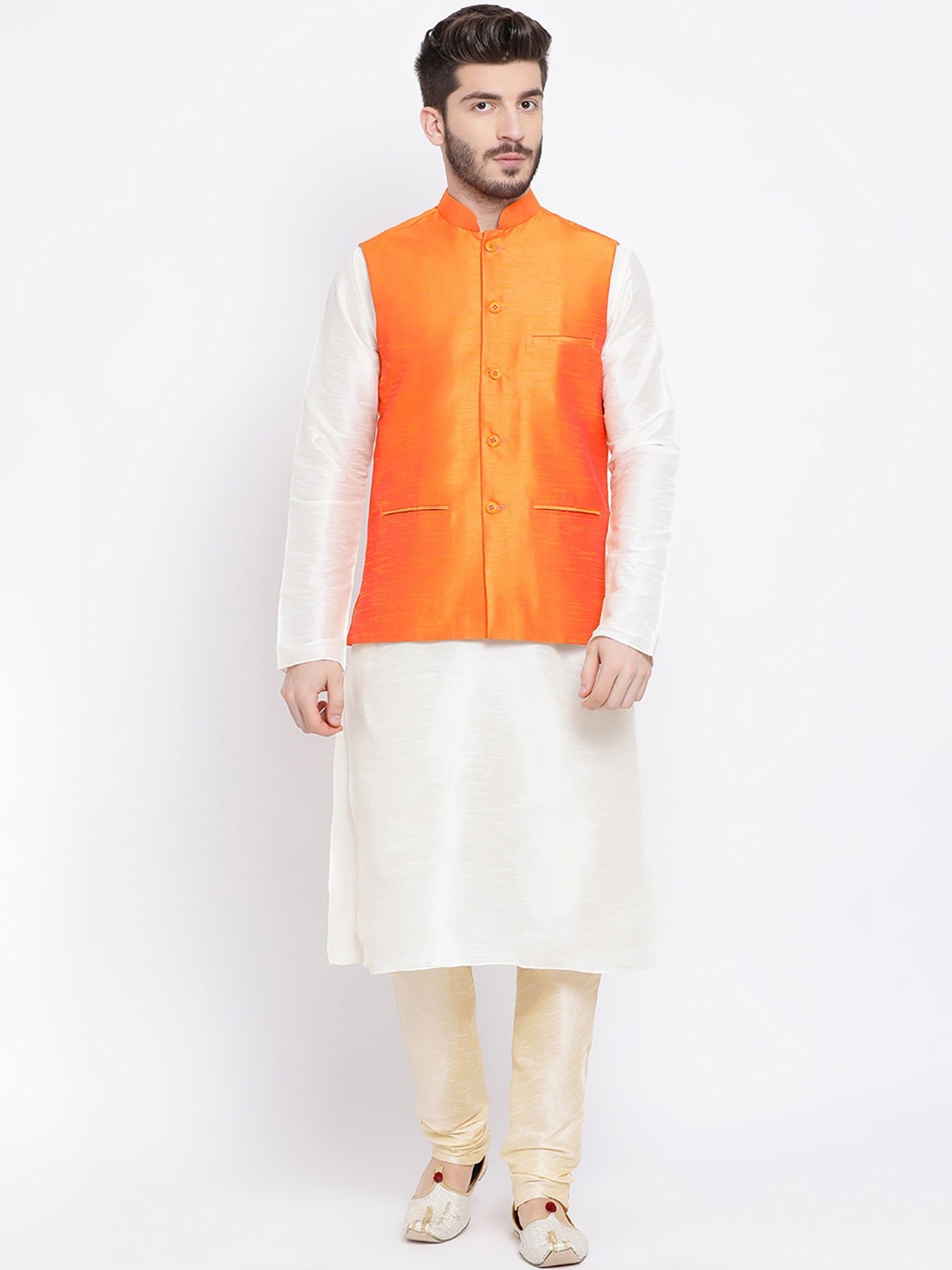 

NAMASKAR Men Off-White & Orange Solid Kurta with Churidar & Nehru Jacket