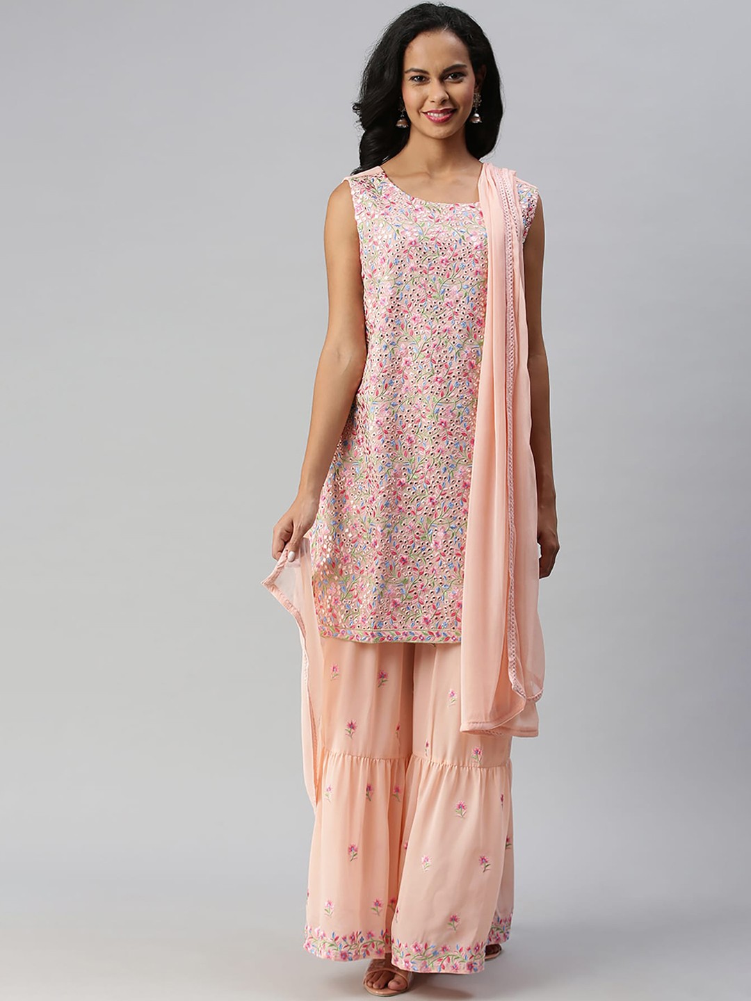 

Soch Women Pink & Green Floral Embroidered Kurti with Sharara & Dupatta