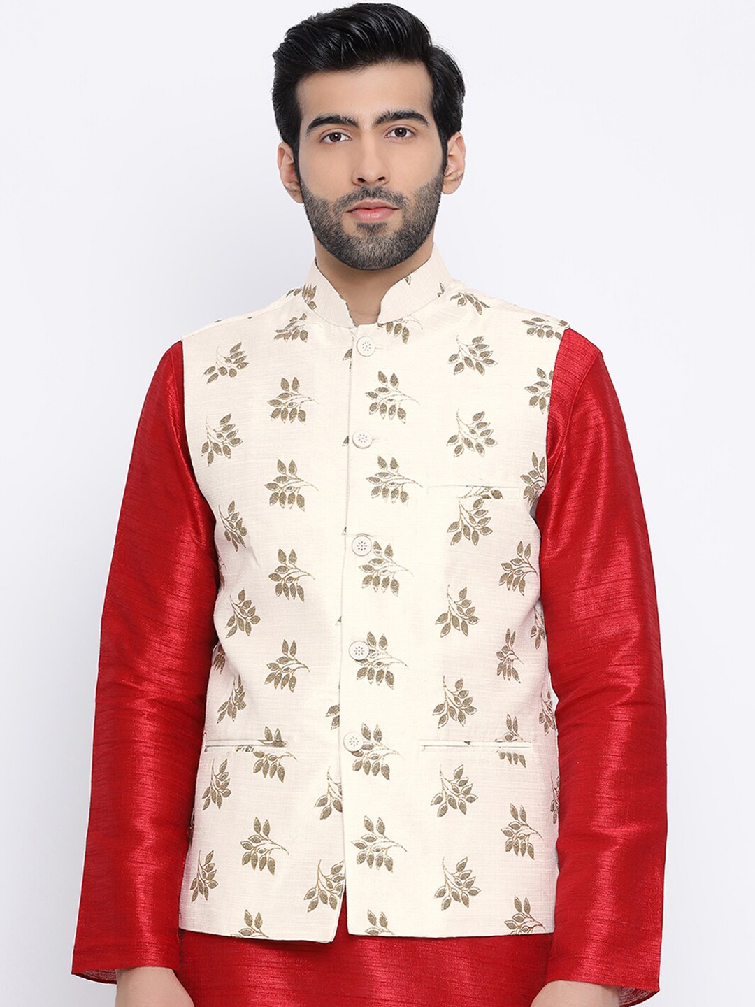 

NAMASKAR Men Off-White & Gold-Coloured Embellished Woven Pure Silk Nehru Jacket