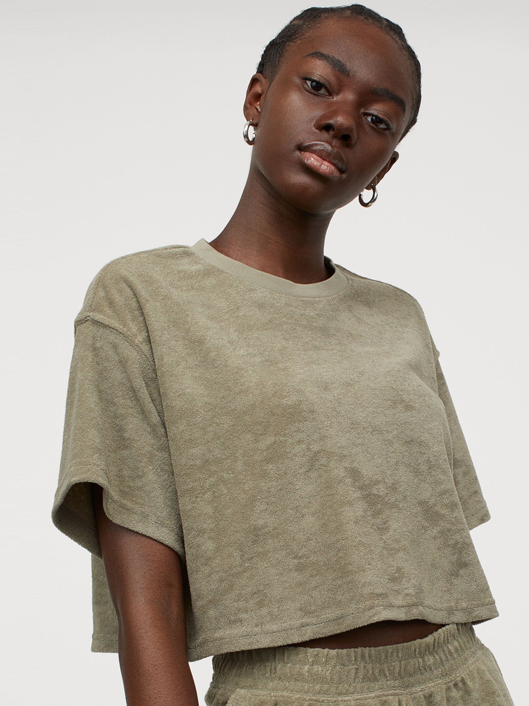 

H&M Women Olive Green Solid Terry Cropped Top