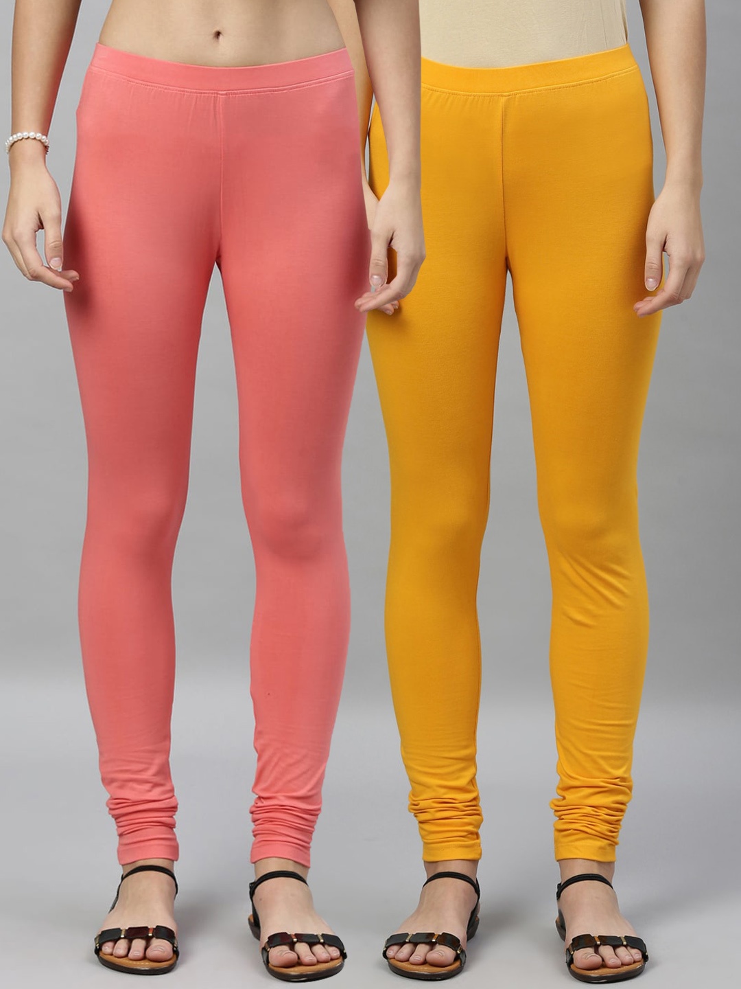 

Kryptic Women Pack of 2 Solid Churidar-Length Leggings, Mustard
