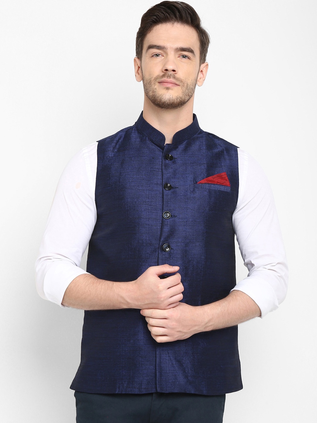 hangup trend Men Navy Blue Woven-Design Silk Nehru Jacket