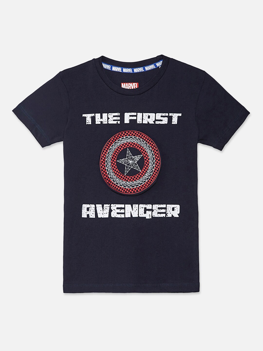 

Kids Ville Girls Navy Blue & White Captain America Printed Cotton Round Neck T-shirt