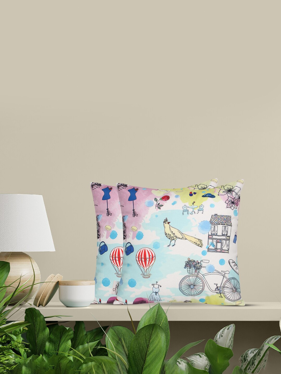 

Sivya Set of 2 Quirky Printed Square Cushion Covers, Multi