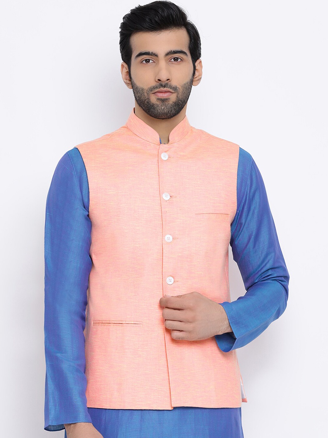 

NAMASKAR Men Pink Woven Design Cotton Nehru Jacket
