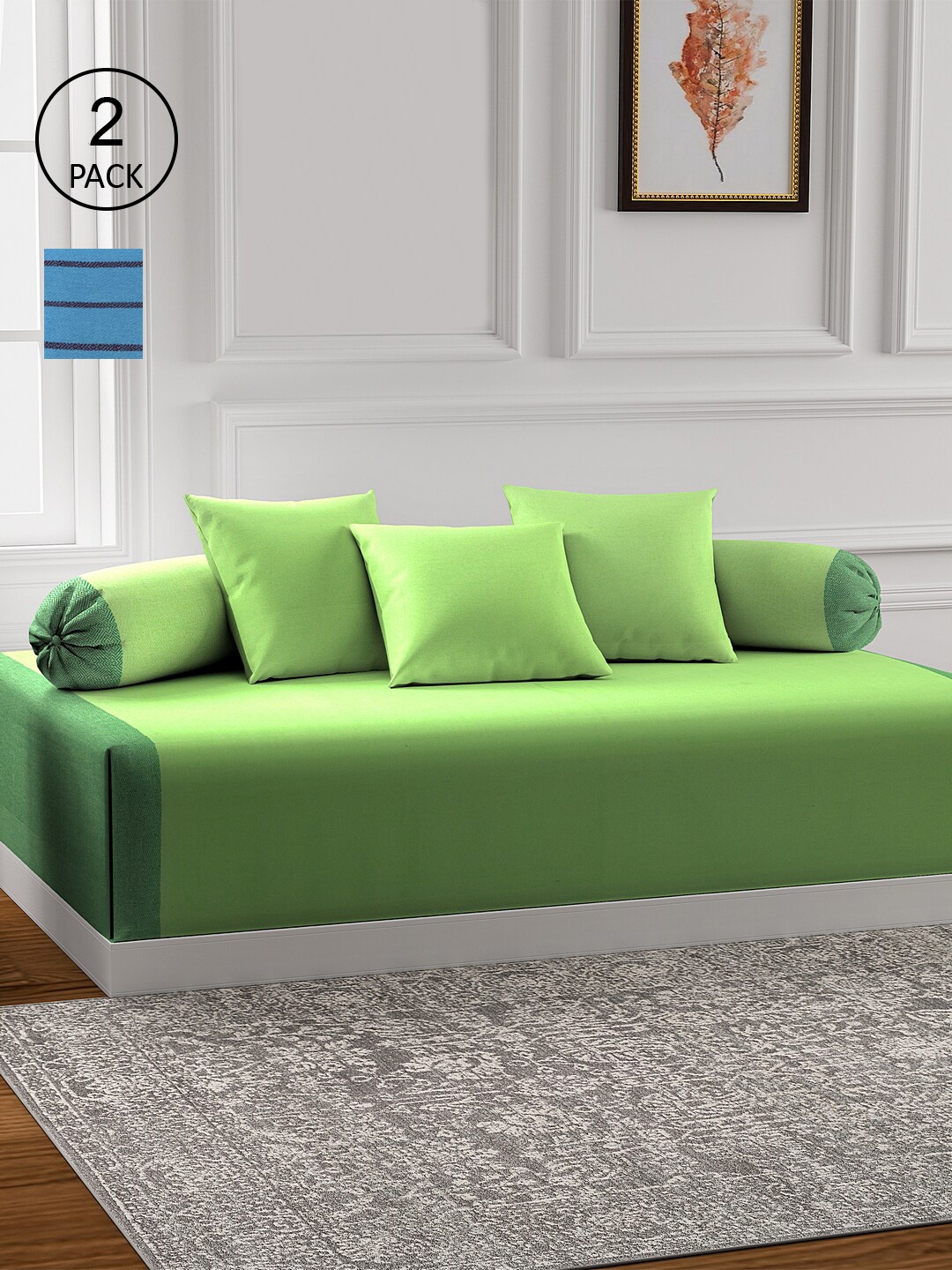 

KLOTTHE Set Of 2 Woven Cotton Single Bedsheet With 4 Bolster Covers & 6 Cushion Covers, Green