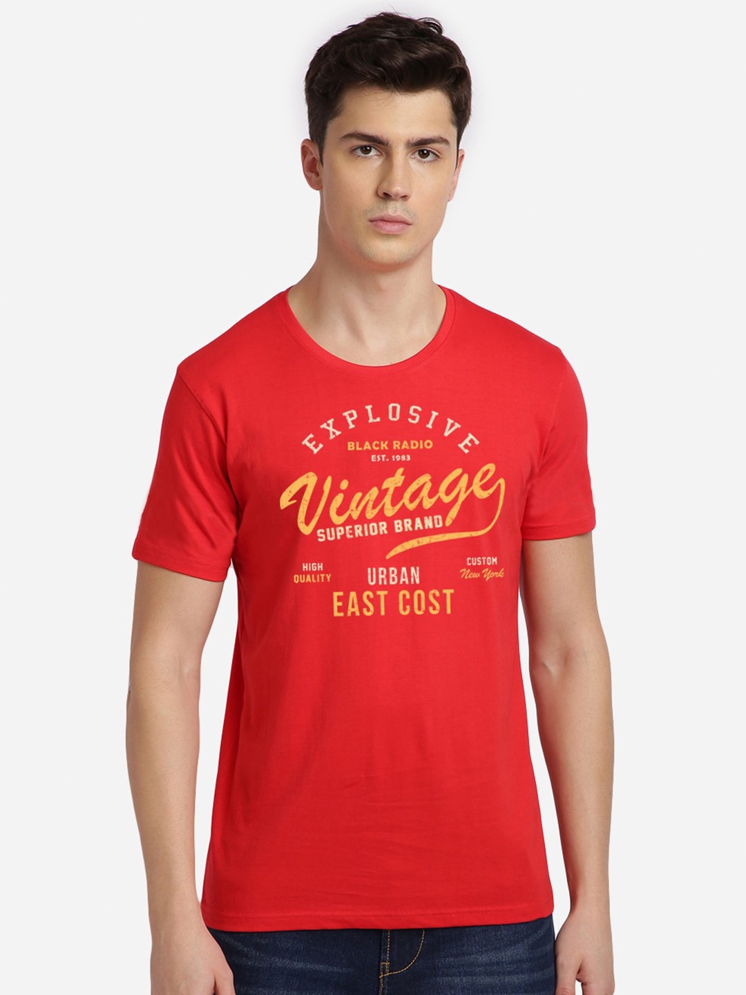 

MASH UNLIMITED Men Red & Mustard Yellow Printed Round Neck T-shirt