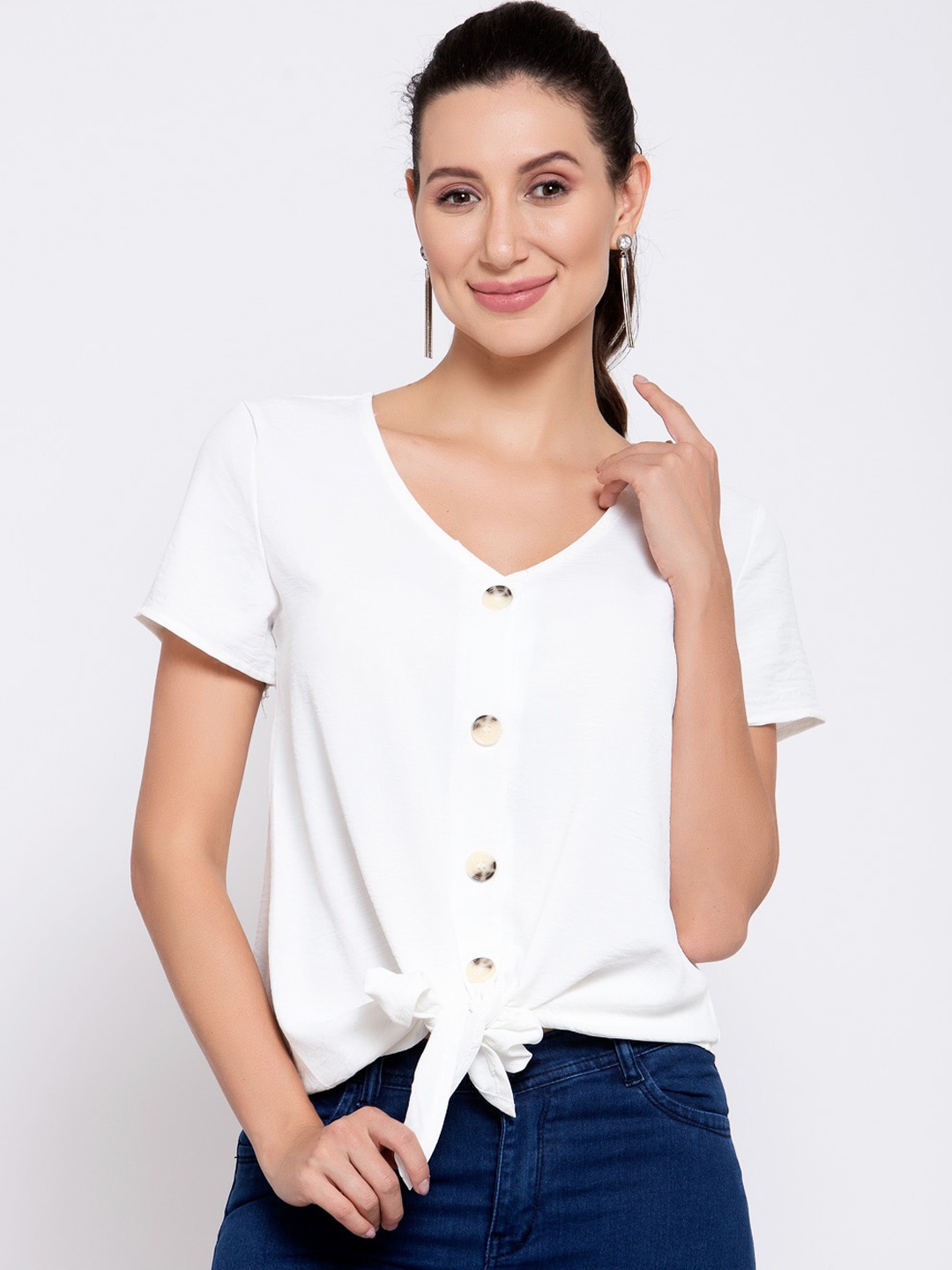 

iki chic White Georgette Button Up Front Knotted Top
