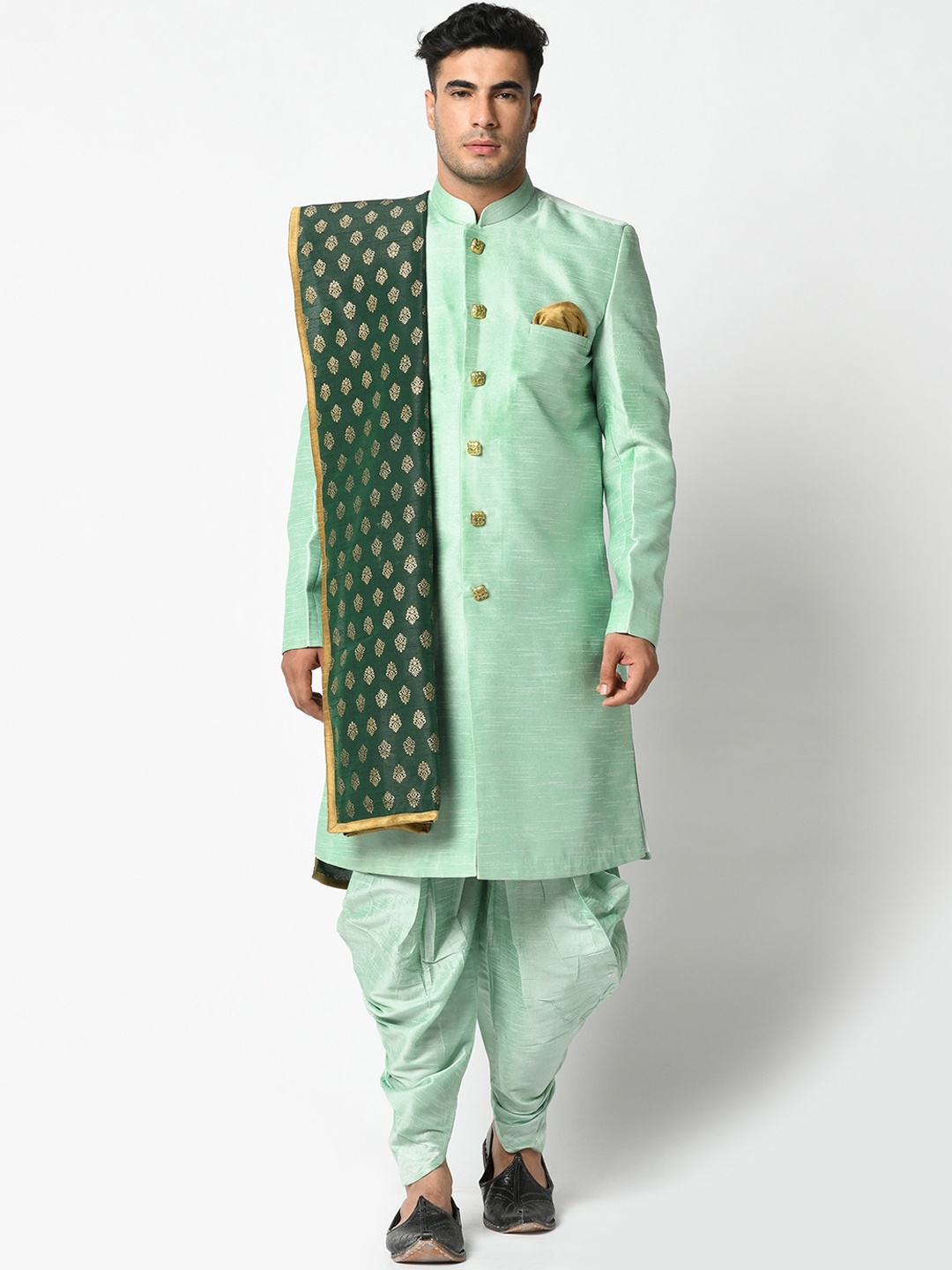 

DEYANN Men Mint Green Woven Design Dupion Silk Sherwani with Dhoti Pants & Dupatta