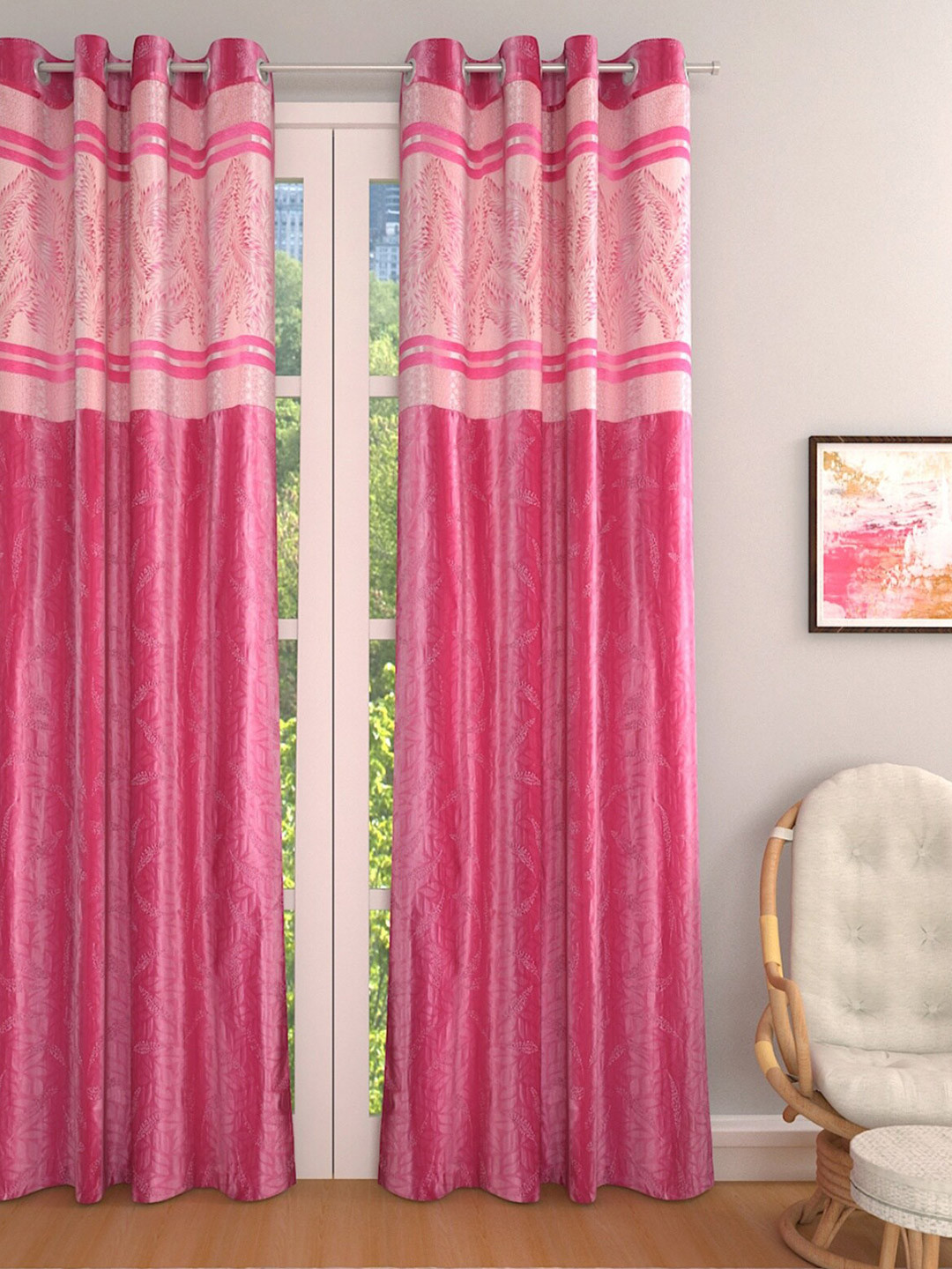 

ROMEE Pink & Off White Floral Jacquard Room Darkening Long Door Curtain