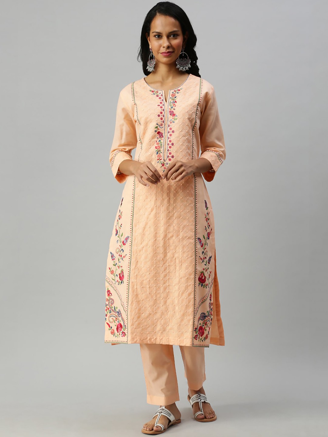 

Soch Women Peach-Coloured Embroidered Kurta with Trousers