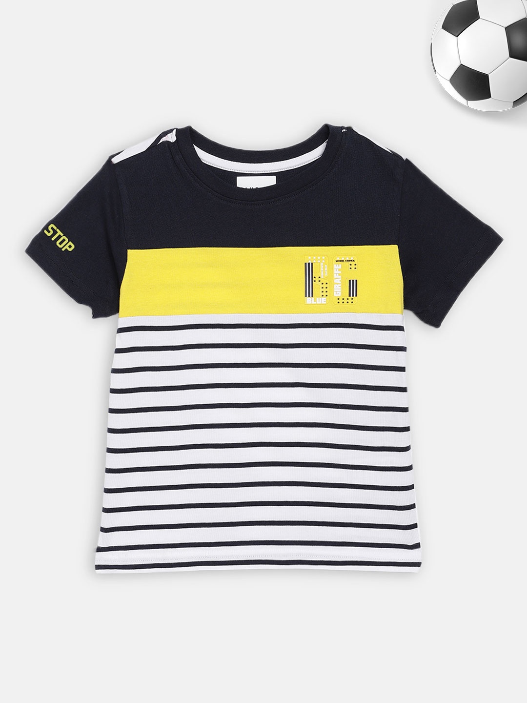 Blue Giraffe Boys White & Navy Blue Cotton Striped Round Neck T-shirt