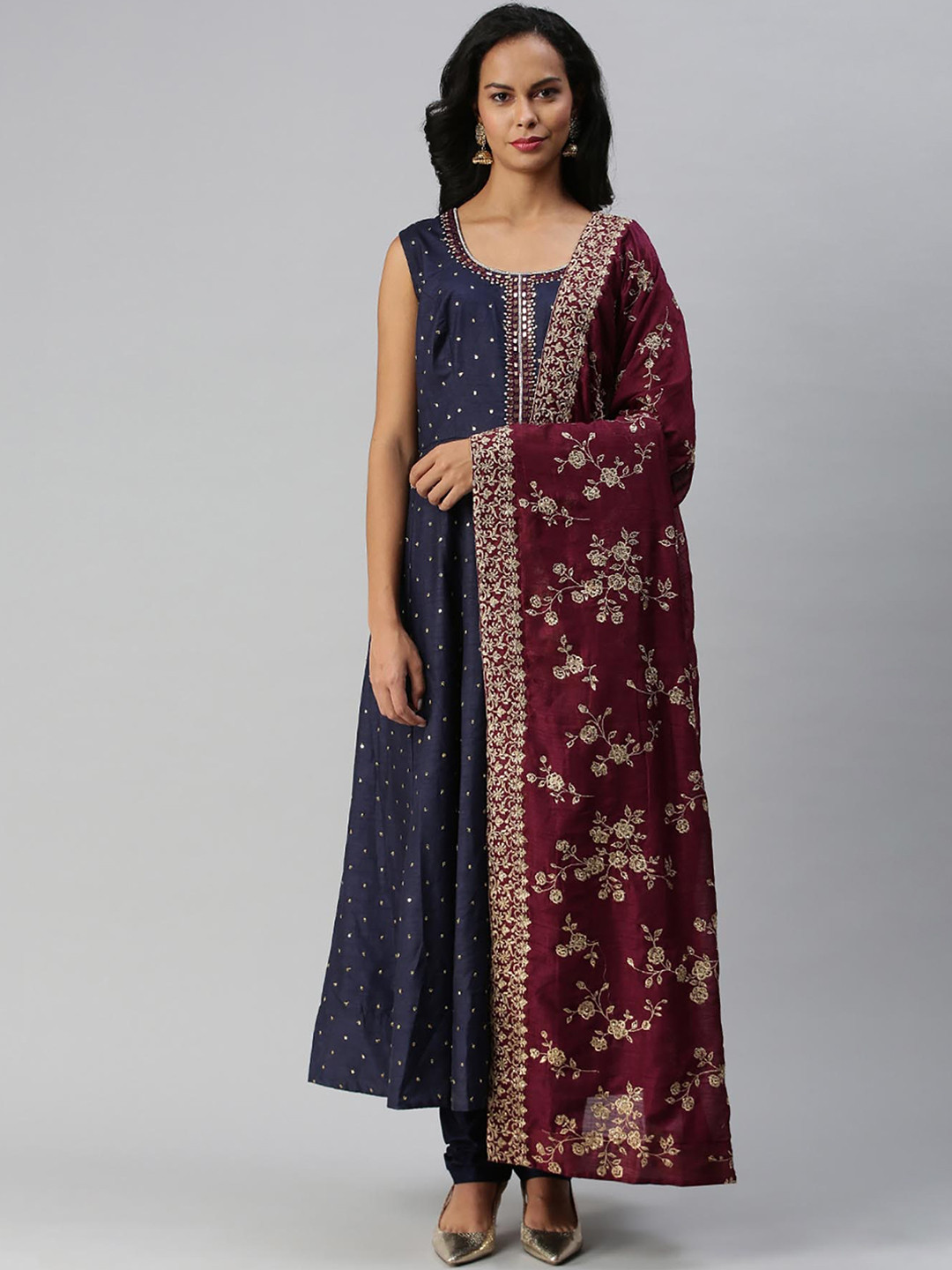 

Soch Women Blue & Burgundy Embroidered Kurta with Trousers & Dupatta