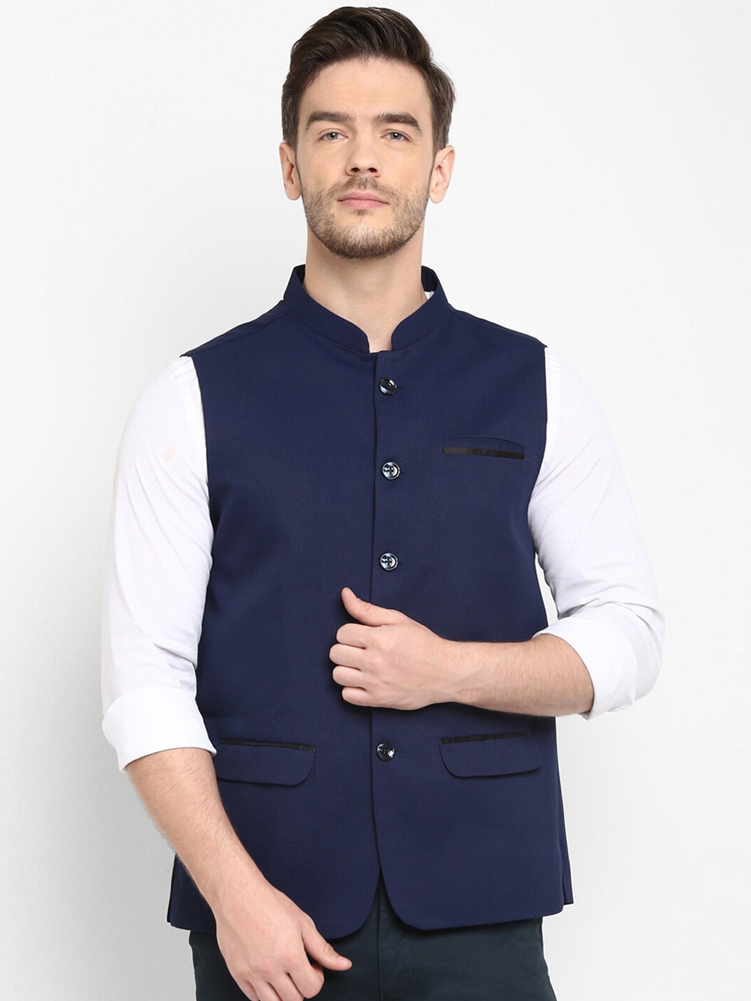 

hangup trend Men Navy Blue Solid Jute Cotton Woven Nehru Jacket