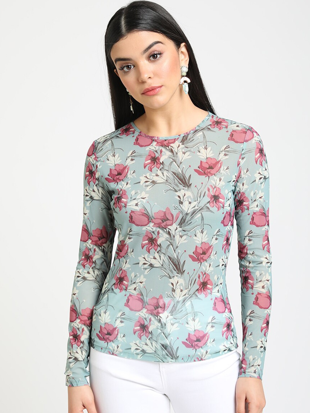 

Kazo Sea Green & Pink Floral Fitted Top