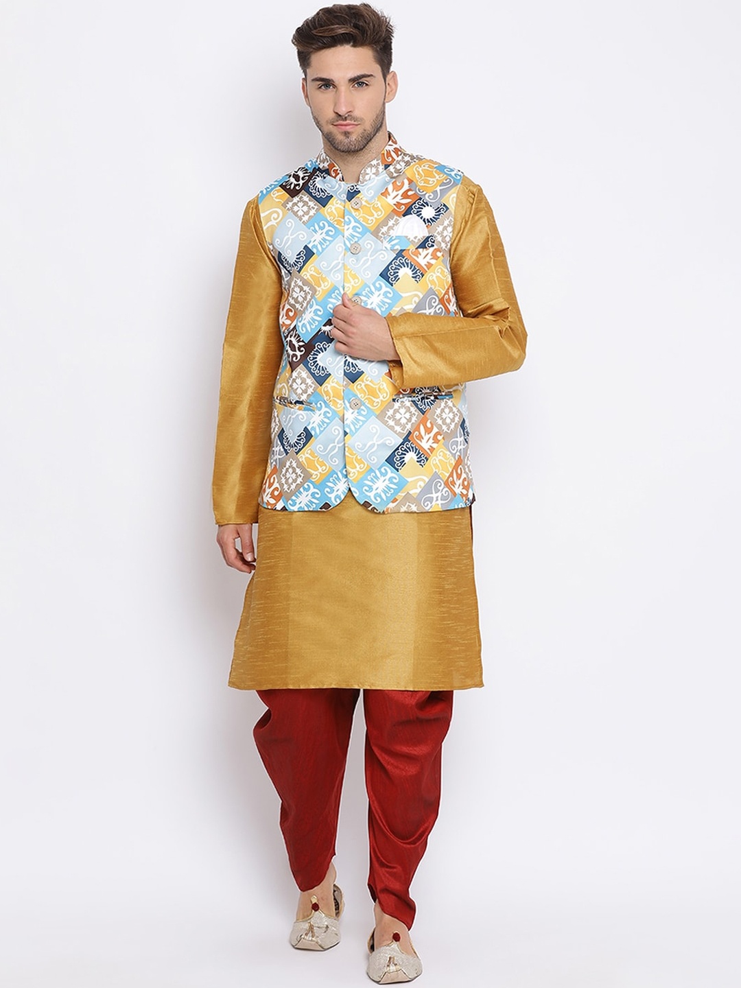 

Hangup Men Mustard & Red Solid Kurta with Dhoti Pants and Nehru Jacket