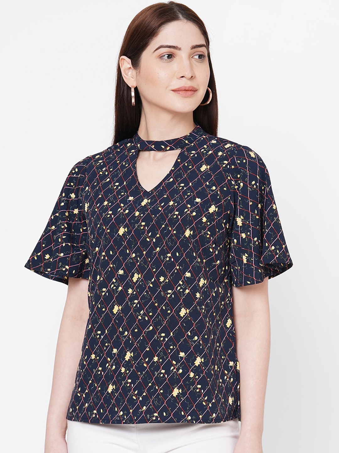 

109F Navy Blue & Yellow Choker Neck A-Line Top