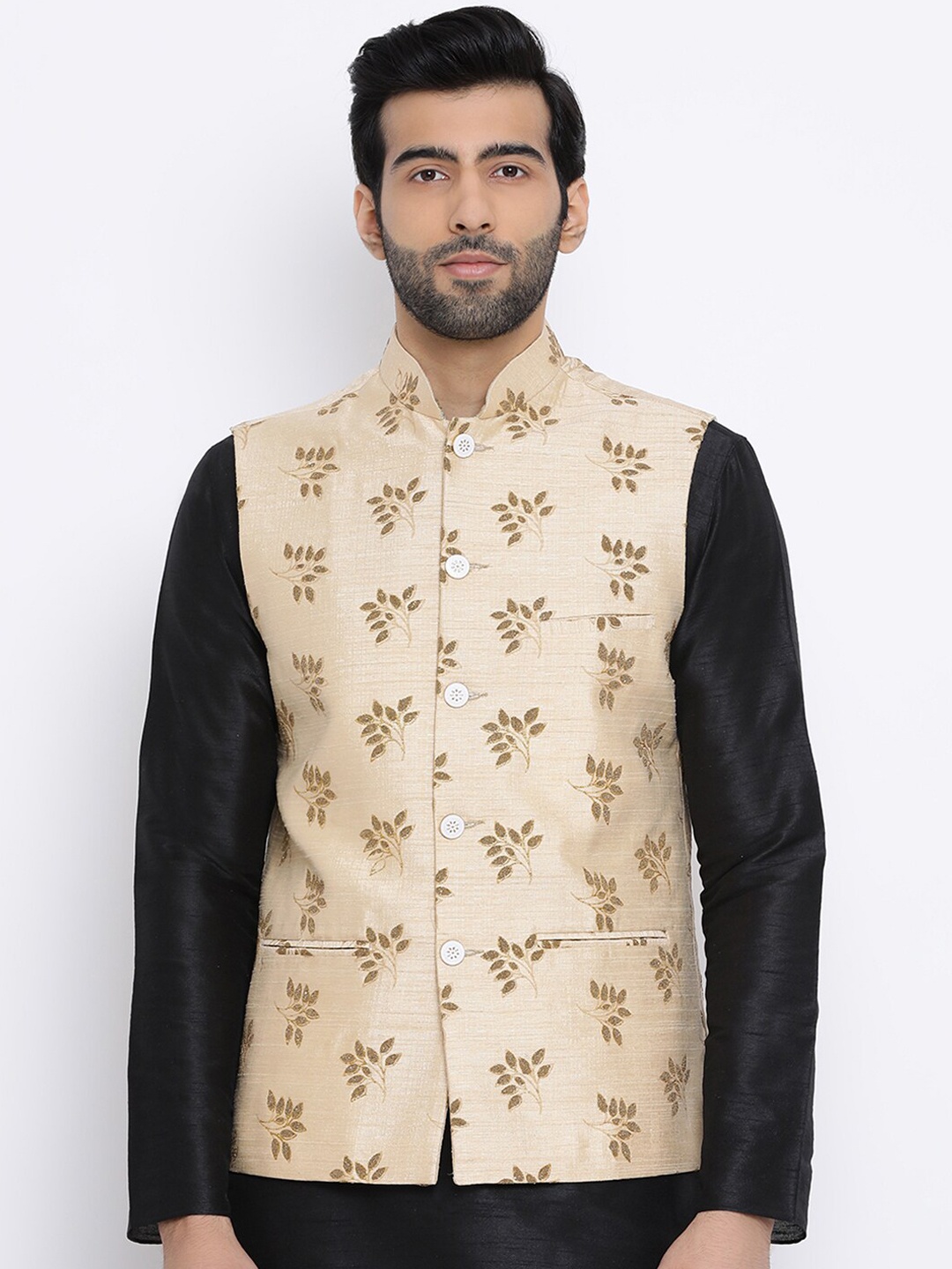 

NAMASKAR Men Beige & Brown Embellished Woven Silk Nehru Jacket