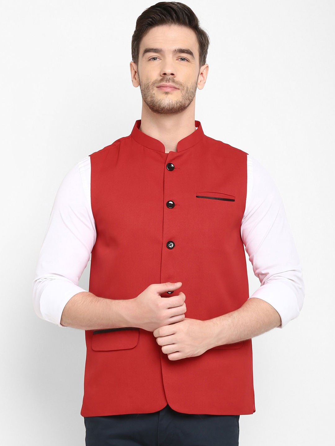 hangup trend Men Red Solid Woven Nehru Jacket