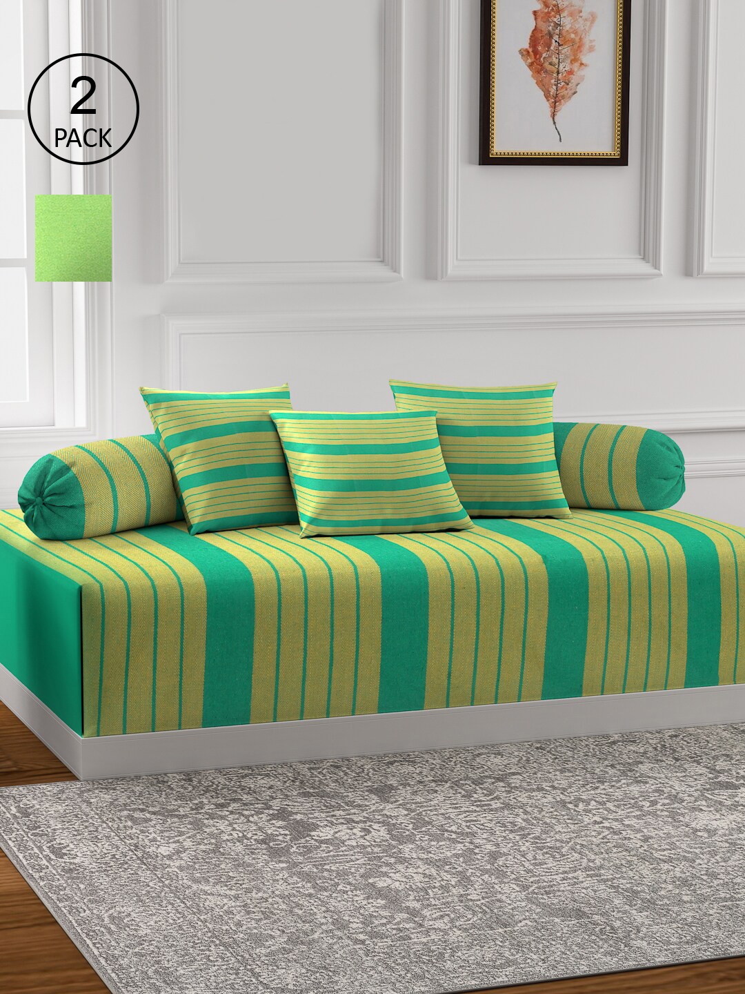 

KLOTTHE Set of 2 Striped Cotton Single Bedsheets With 4 Bolster Covers & 6 Cushion Covers, Green