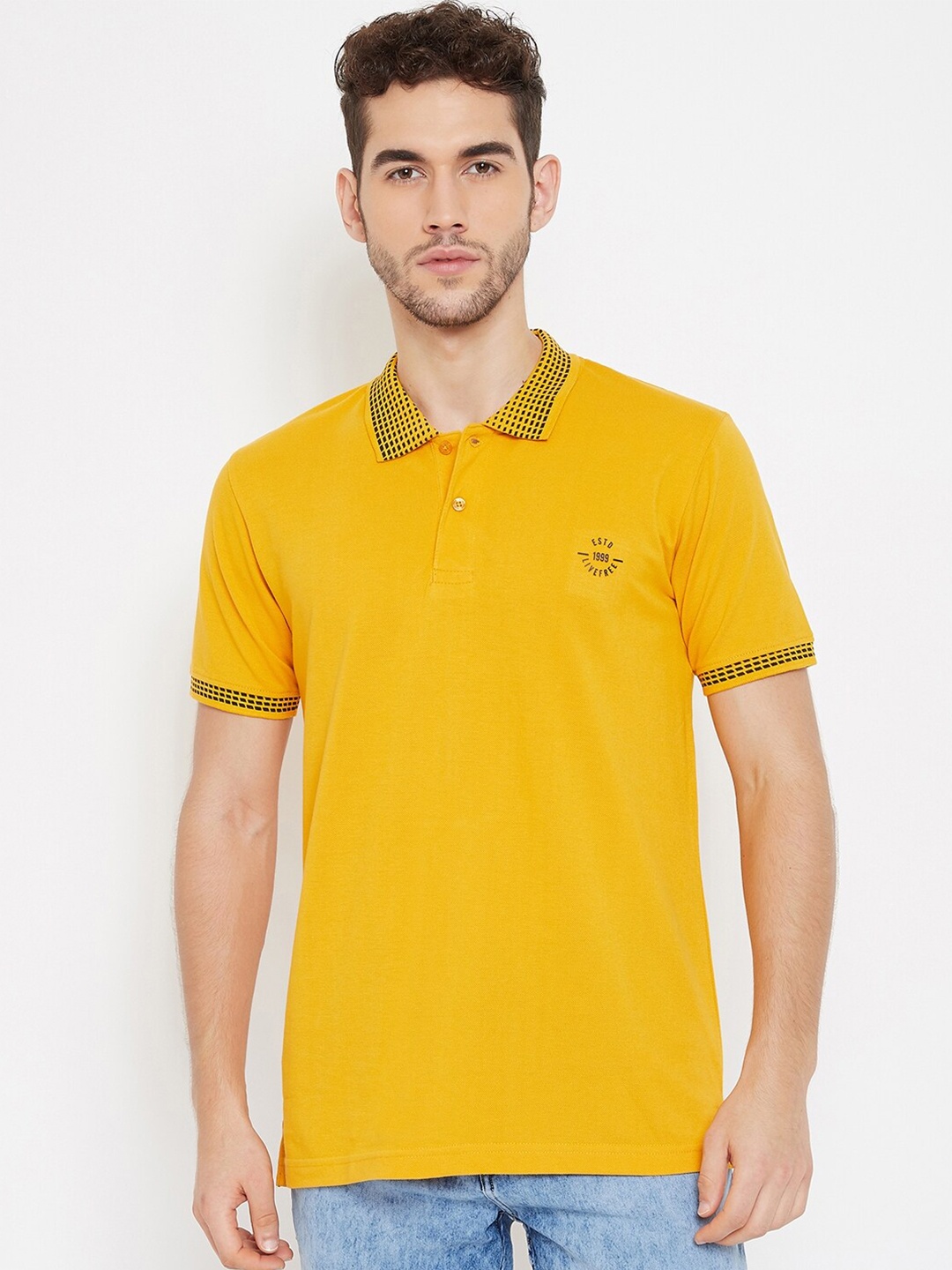 

NEVA Men Mustard Yellow Pure Cotton Solid Polo Collar T-shirt
