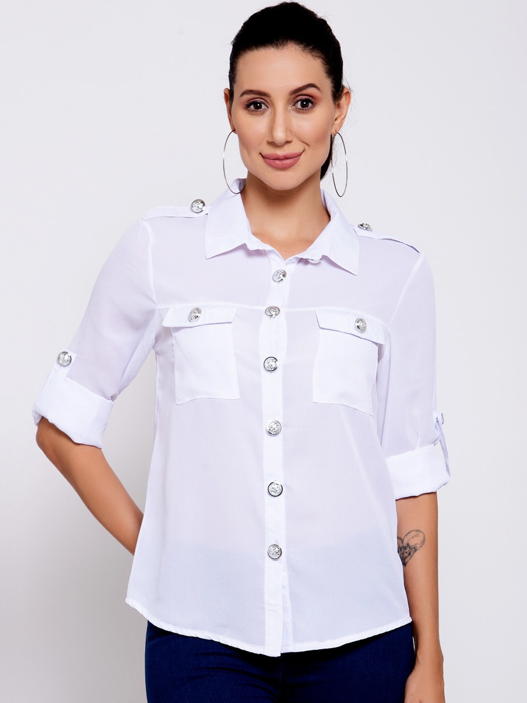 

iki chic White Roll-Up Sleeves Georgette Shirt Style Top