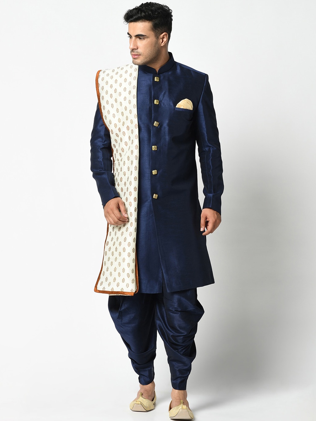 DEYANN Men Navy Blue Woven Design Dupion Silk Sherwani with Dhoti Pants & Dupatta
