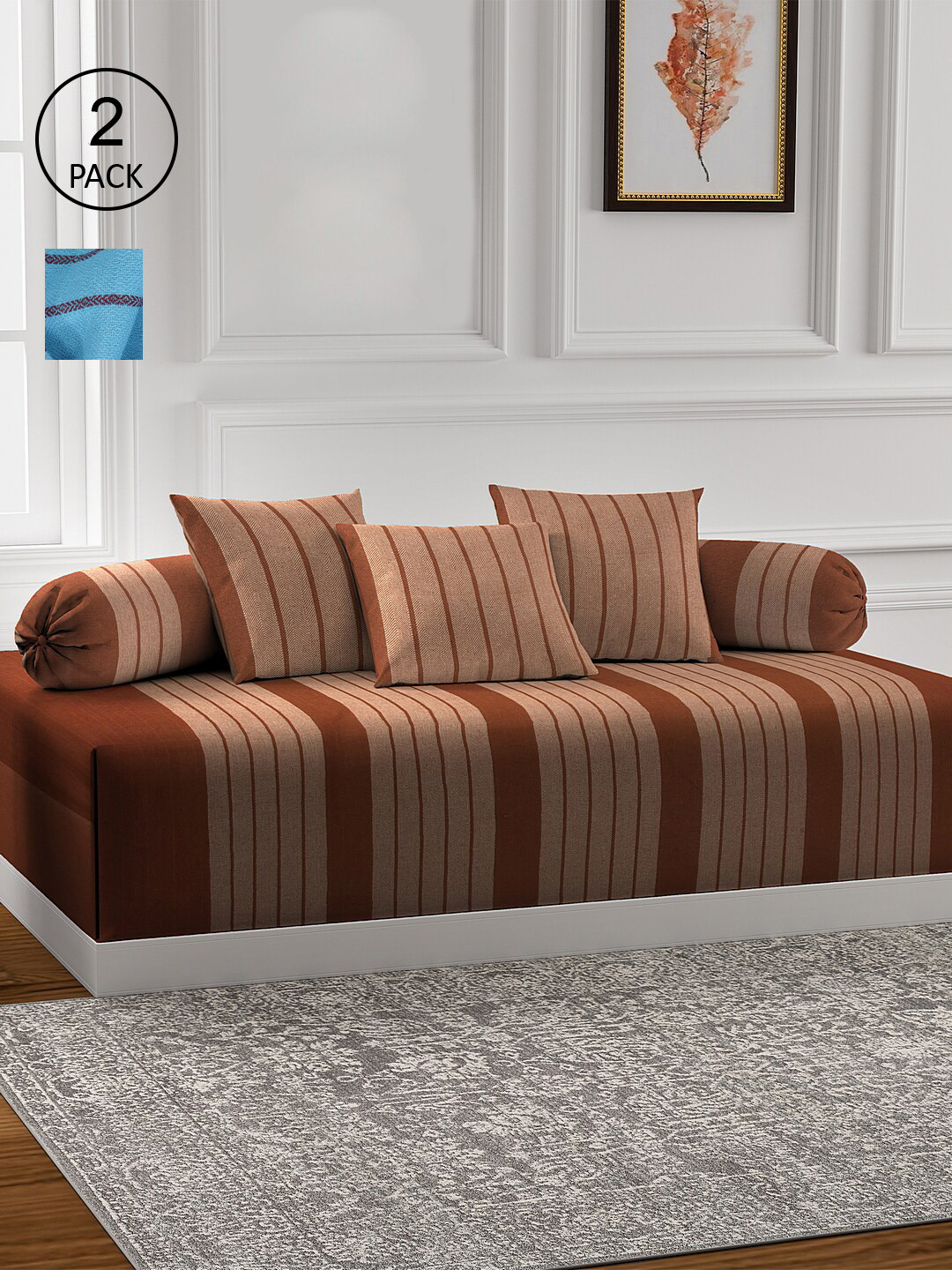 

KLOTTHE Set of 2 Striped Cotton Single Bedsheet With 4 Bolster Covers & 6 Cushion Covers, Brown