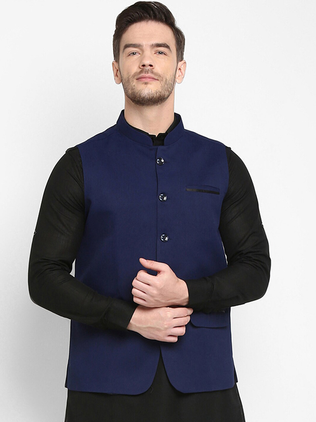 

hangup trend Men Navy-Blue Solid Woven Nehru Jacket