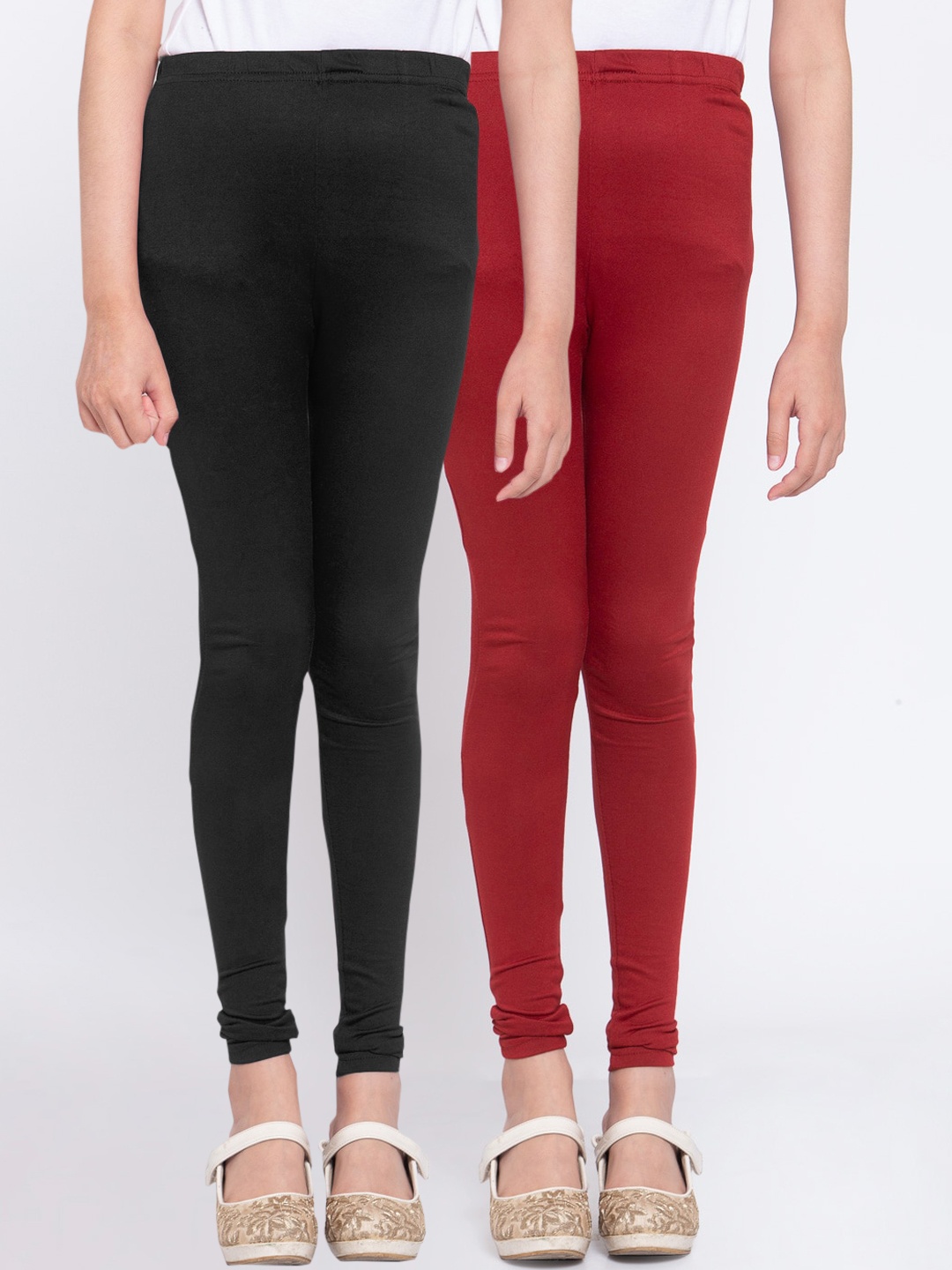 

KLOTTHE Girls Pack Of 2 Red & Black Solid Ankle-Length Leggings