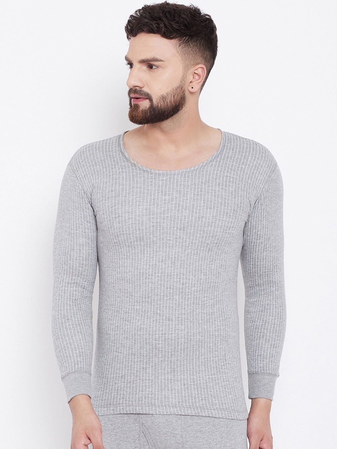 

NEVA Men Grey Striped Cotton Thermal T-Shirt