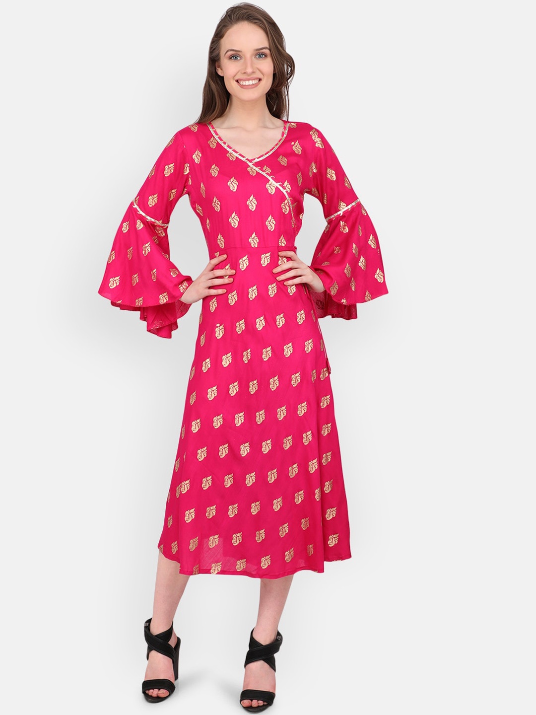 

MARC LOUIS Women Pink & Golden Printed Midi A-line Dress
