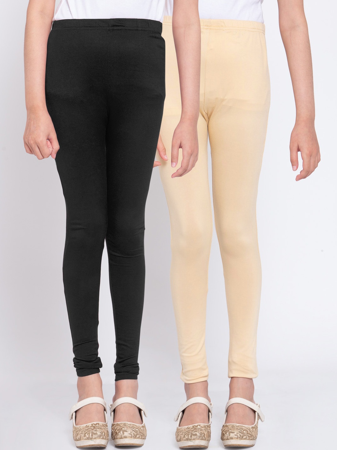 

KLOTTHE Girls Pack Of 2 Black & Beige Solid Ankle-Length Leggings