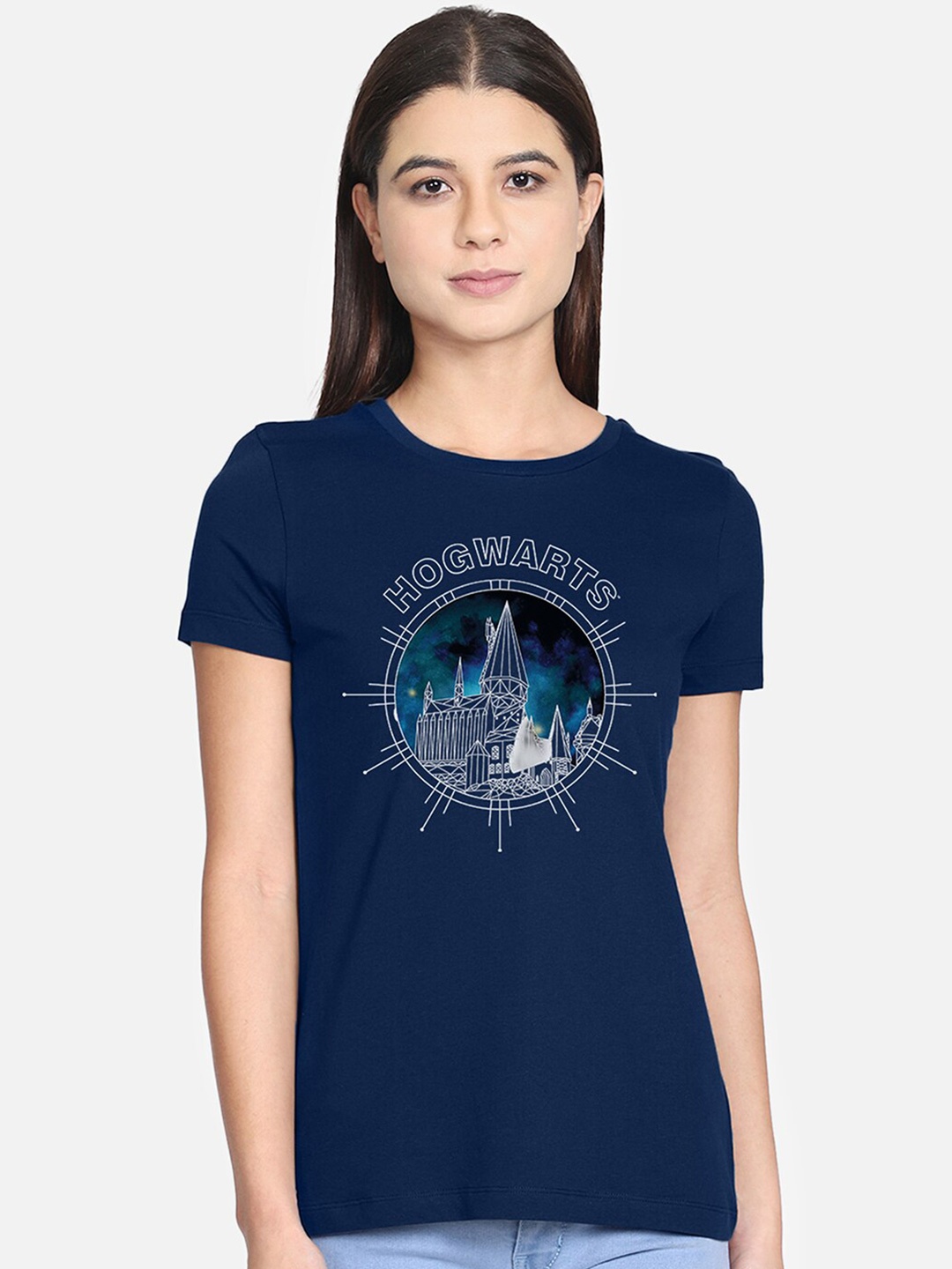 

Free Authority Women Navy Blue & White Harry Potter Printed Slim Fit Cotton T-shirt