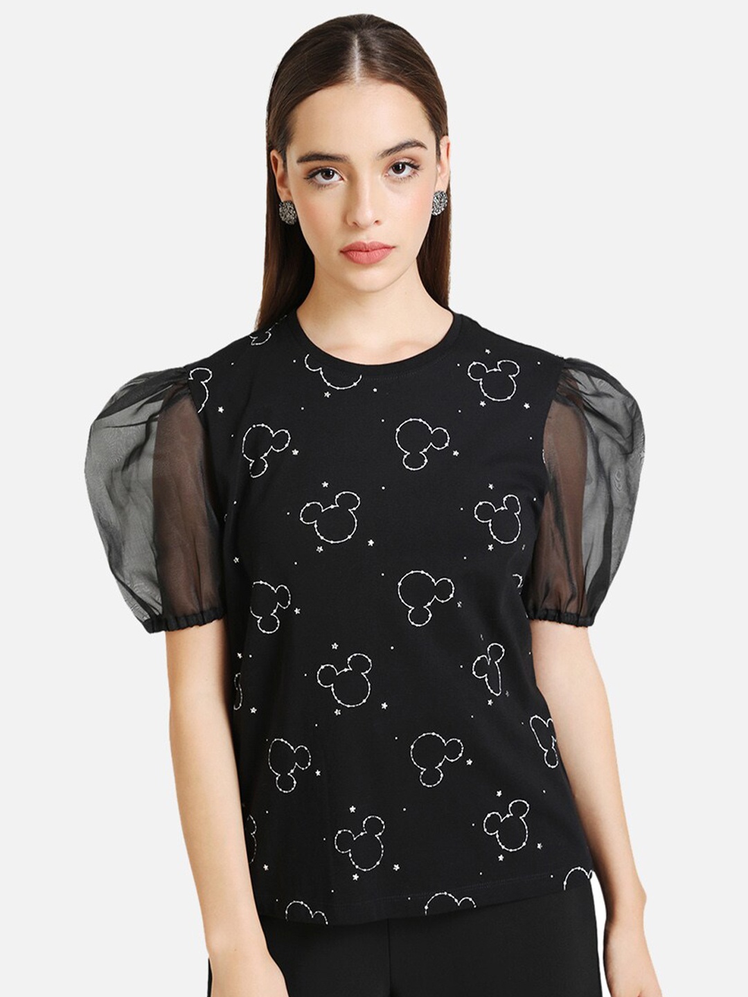 

Kazo Women Black Self Design Mickey Mouse Round Neck T-shirt