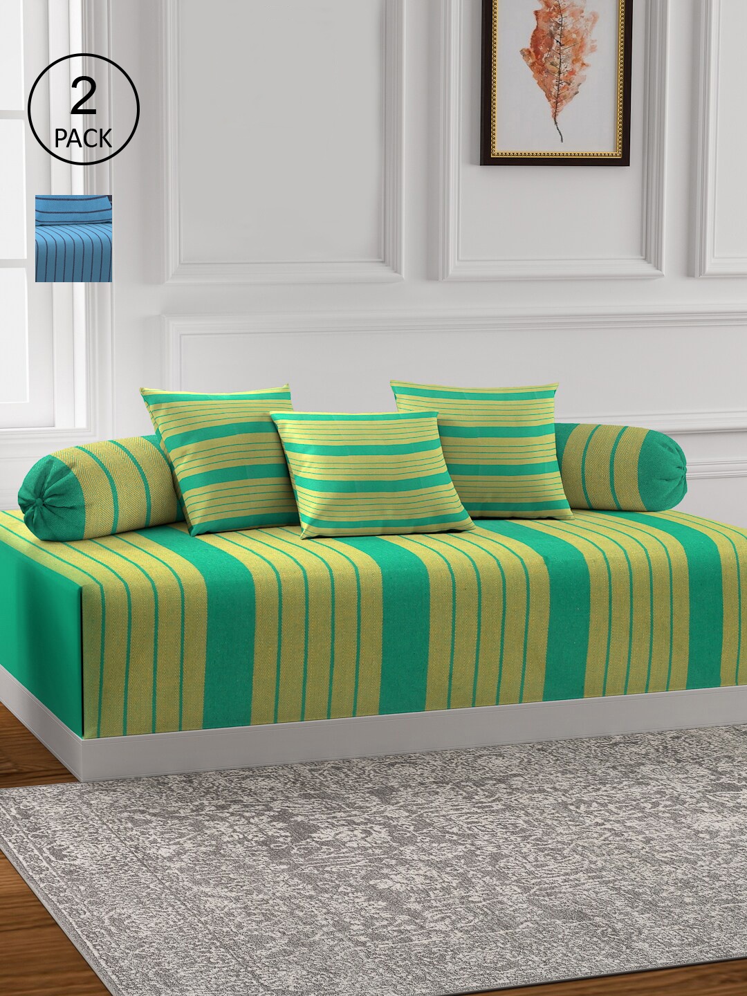 

KLOTTHE Set Of 2 Striped Cotton Single Bedsheets With 4 Bolster & 6 Cushion Covers, Blue