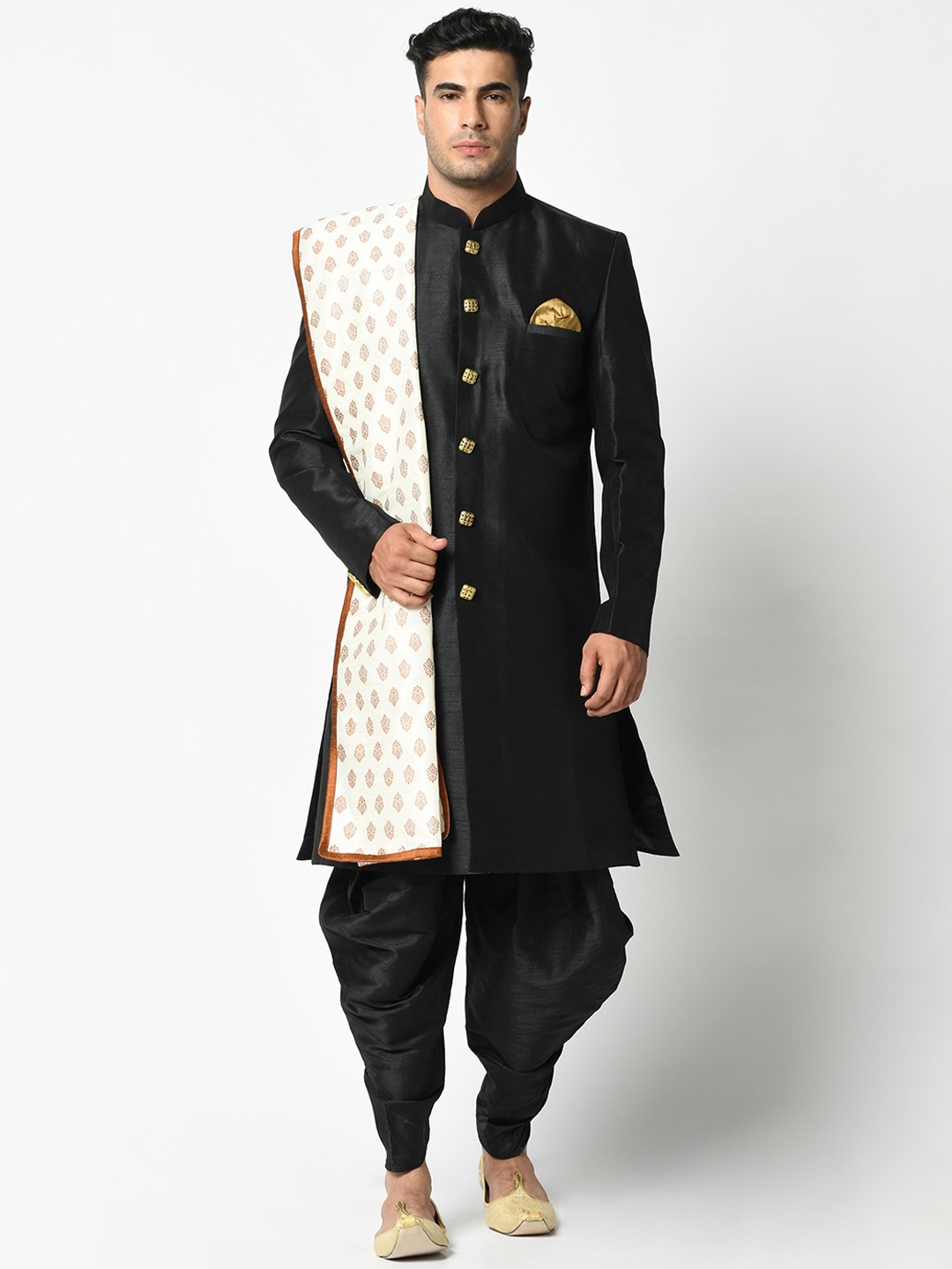 

DEYANN Men Black Woven Design Dupion Silk Sherwani with Dhoti Pants & Dupatta