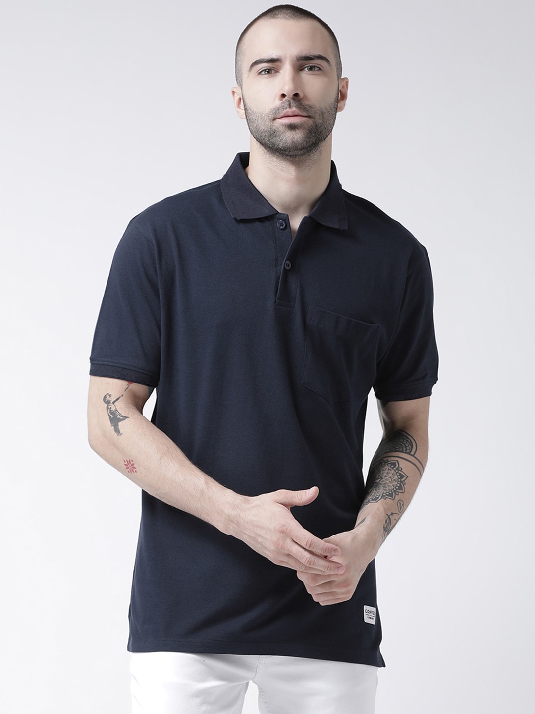 

GRIFFEL Men Navy Blue Solid Cotton Polo Collar T-shirt