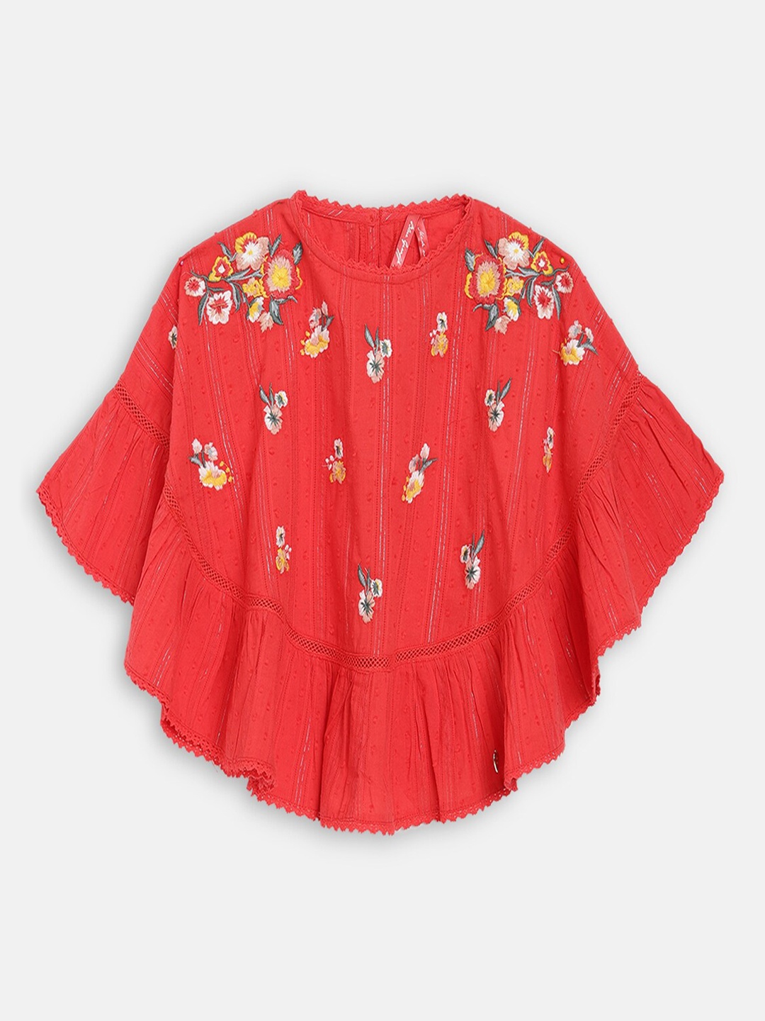 

Blue Giraffe Girls Red Floral Embroidered Regular Top