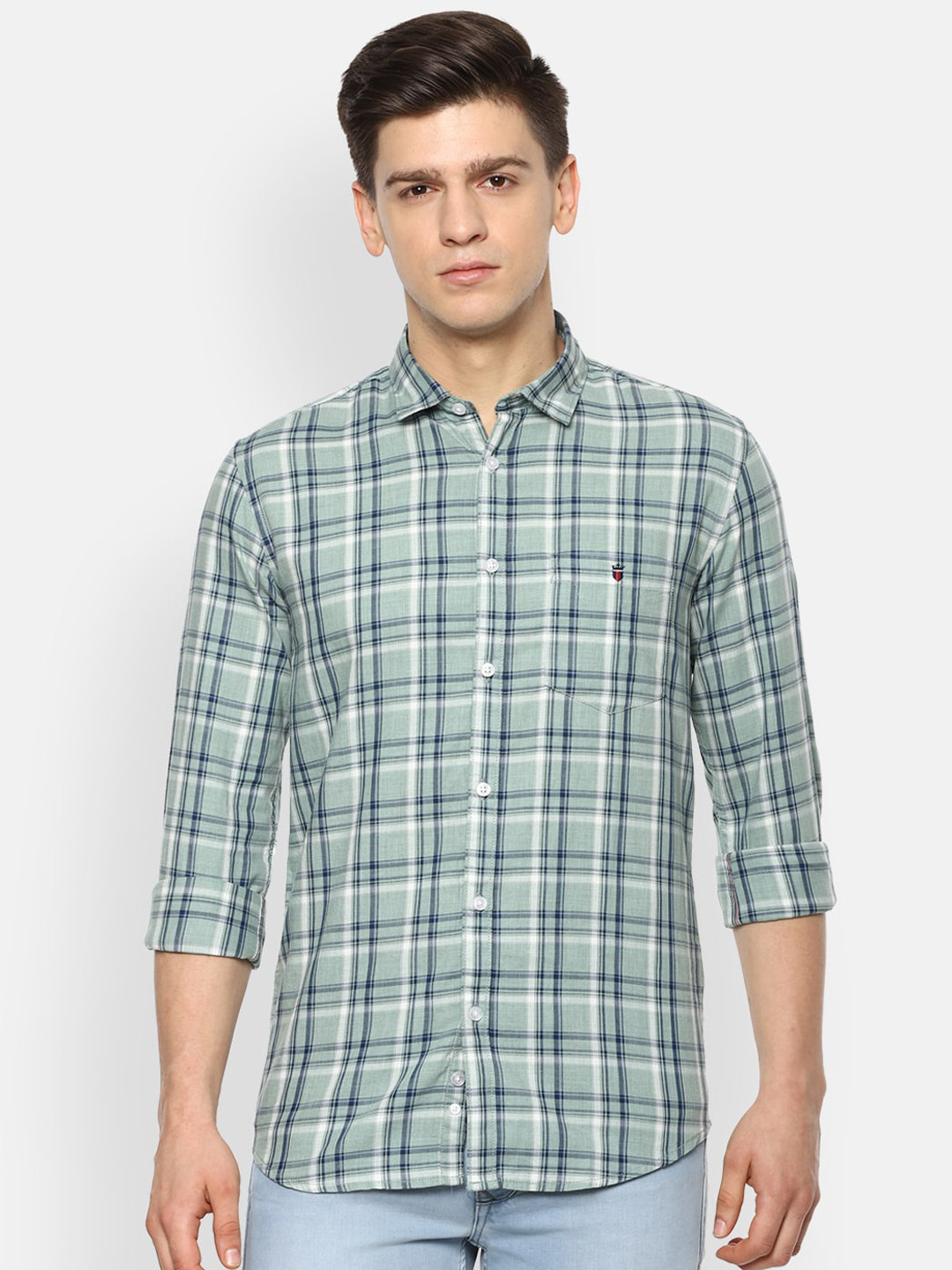 

Louis Philippe Jeans Men Green & Navy Blue Slim Fit Checked Casual Shirt