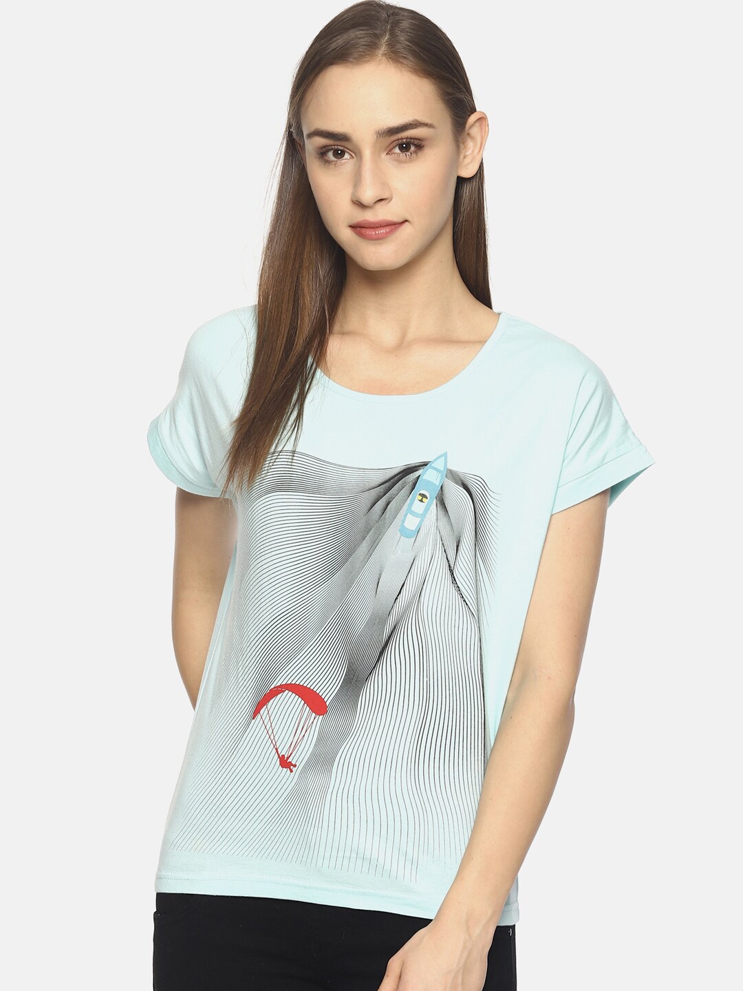 

Wolfpack Women Green Printed Round Neck Cotton T-shirt