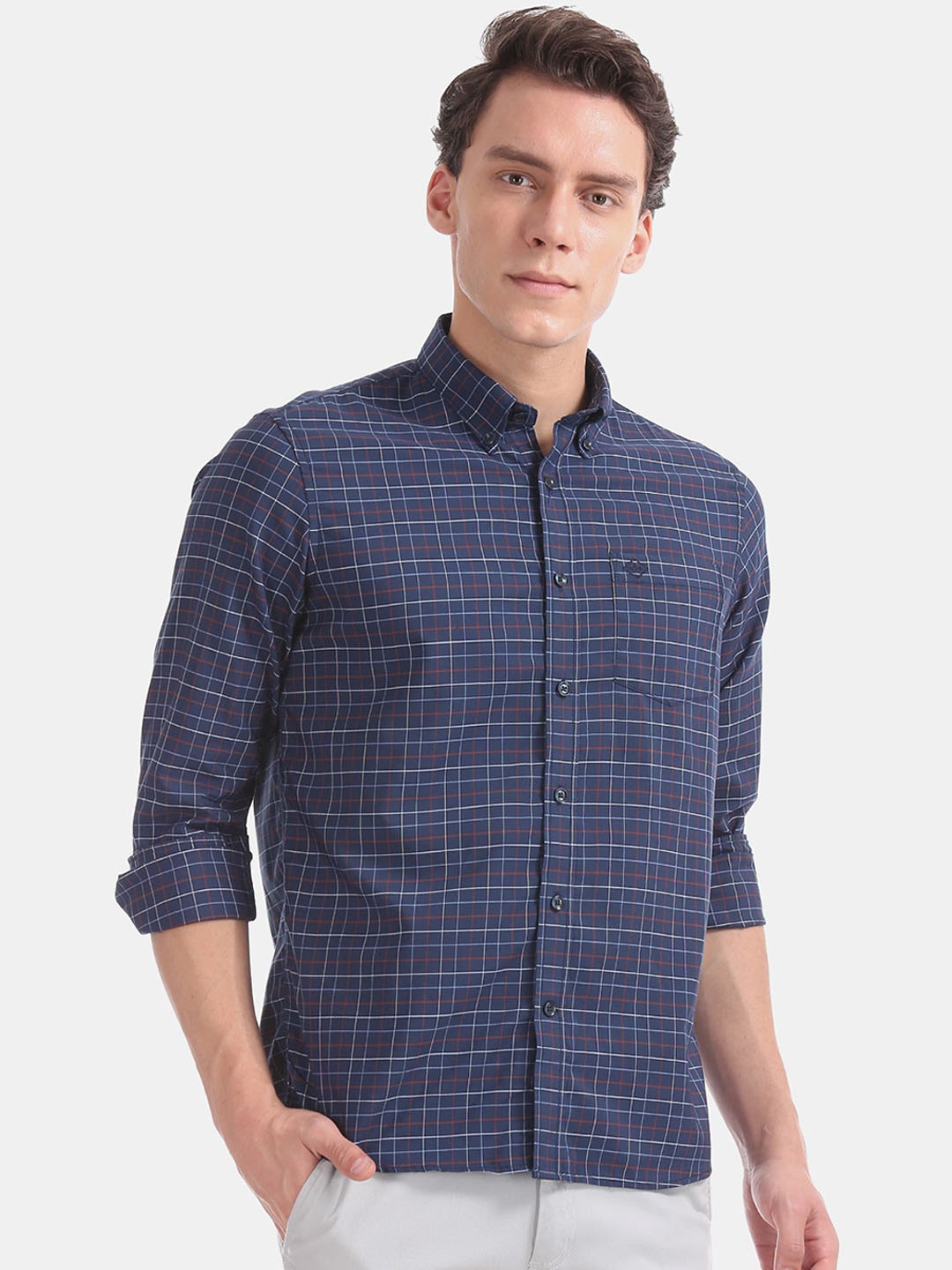 

Arrow Sport Men Blue & Red Checked Cotton Slim Fit Casual Shirt, Navy blue