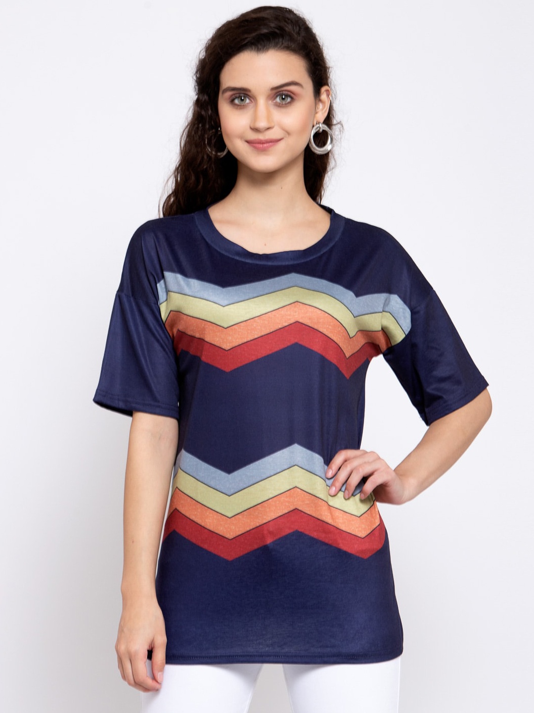 

iki chic Women Navy Printed Drop-Shoulder Sleeves T-shirt, Navy blue
