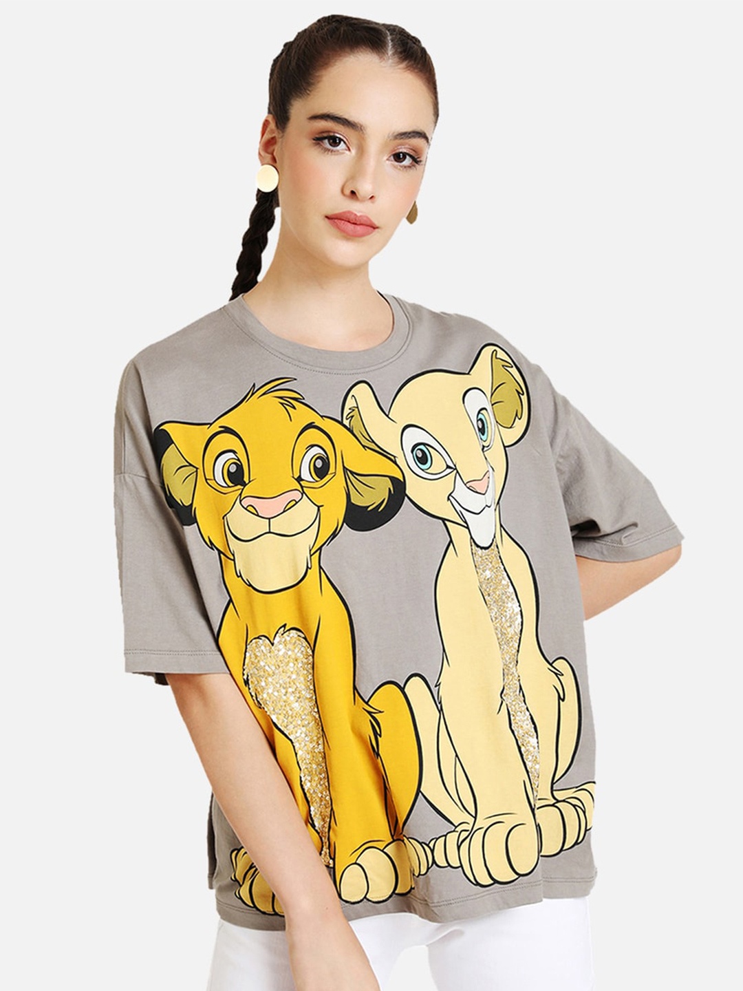 

Kazo Women Grey Printed Lion King Sequinned Round Neck Cotton T-shirt