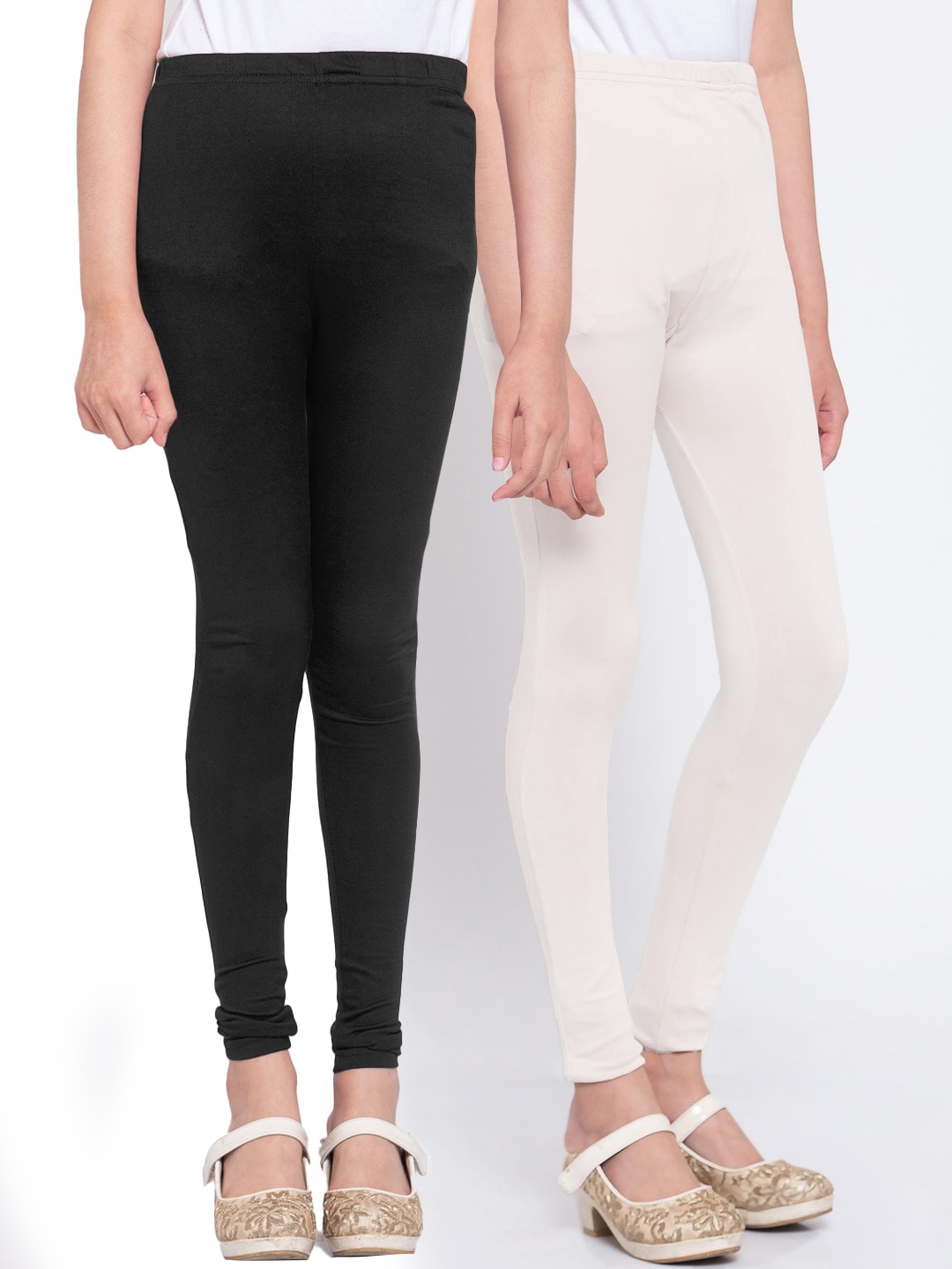 

KLOTTHE Girls Pack Of 2 Cream-Coloured & Black Solid Ankle-Length Leggings
