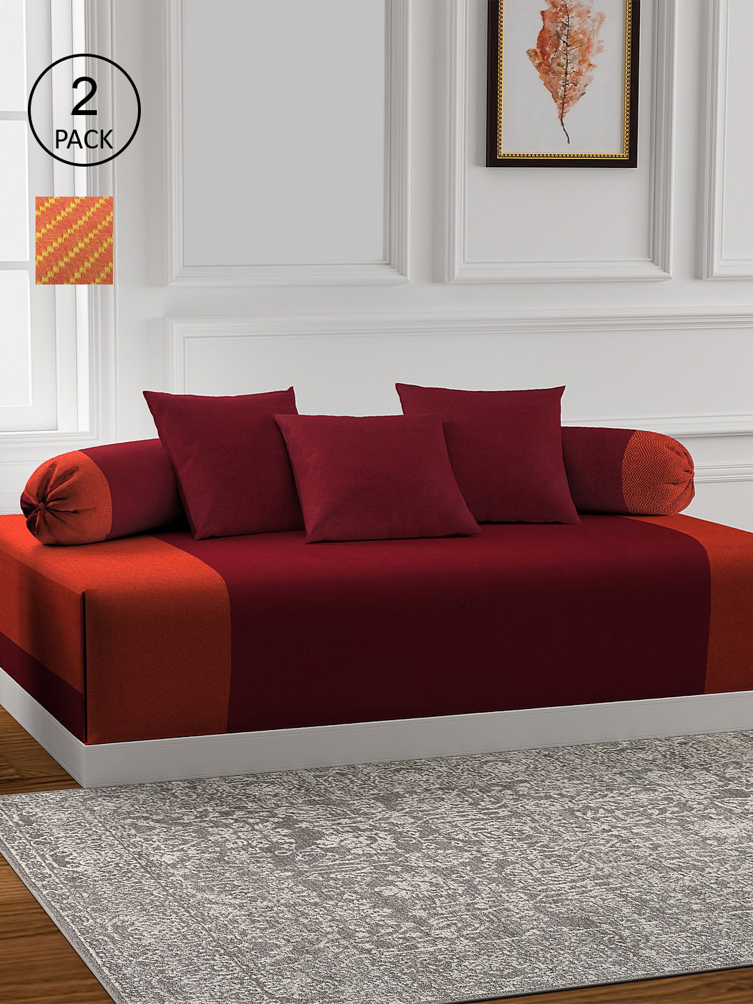 

KLOTTHE Set of 2 Striped Cotton Single Bedsheet With 4 Bolster Covers & 6 Cushion Covers, Orange