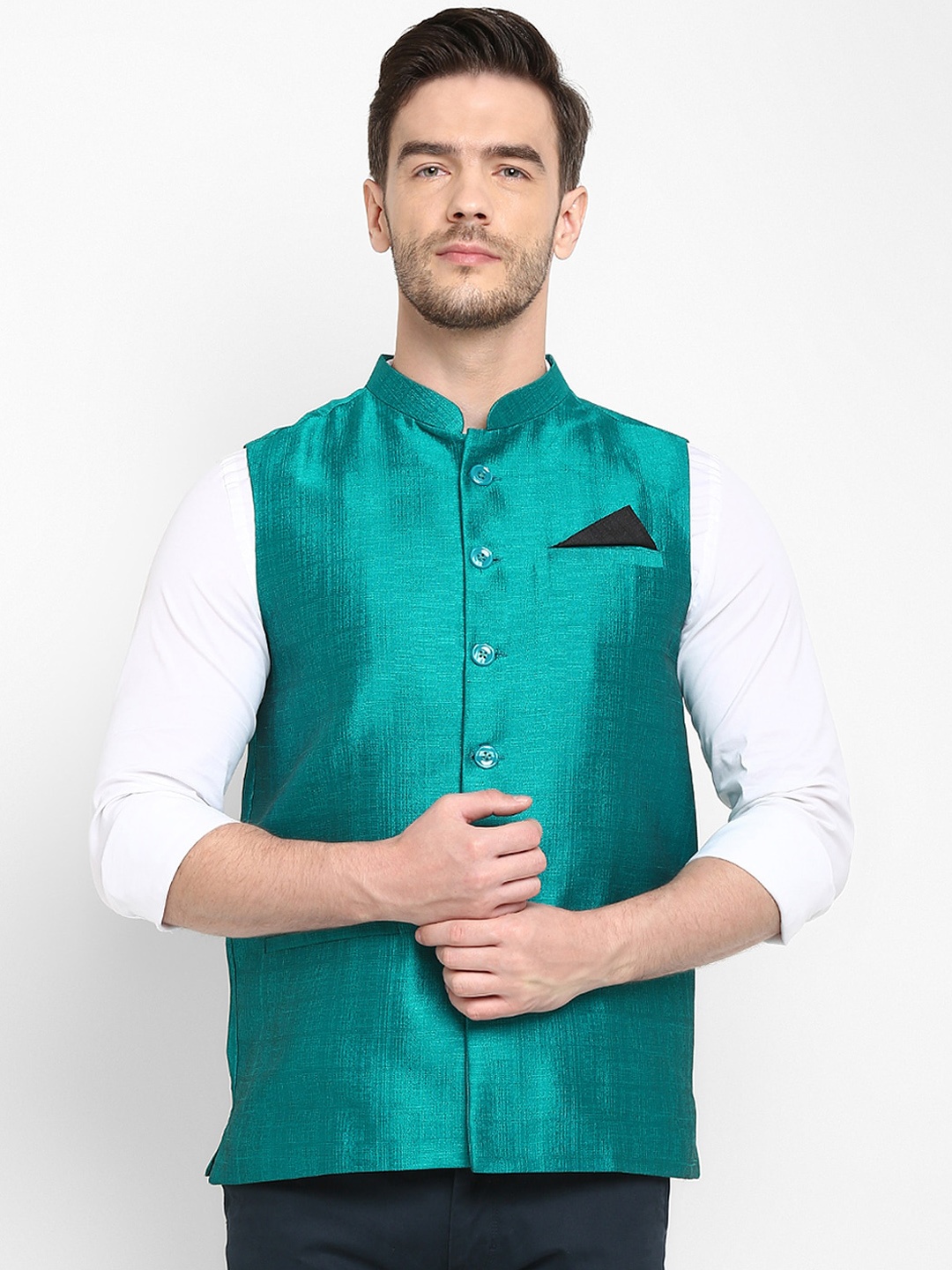 

hangup trend Men Sea Green Self-Design Pure Silk Nehru Jacket
