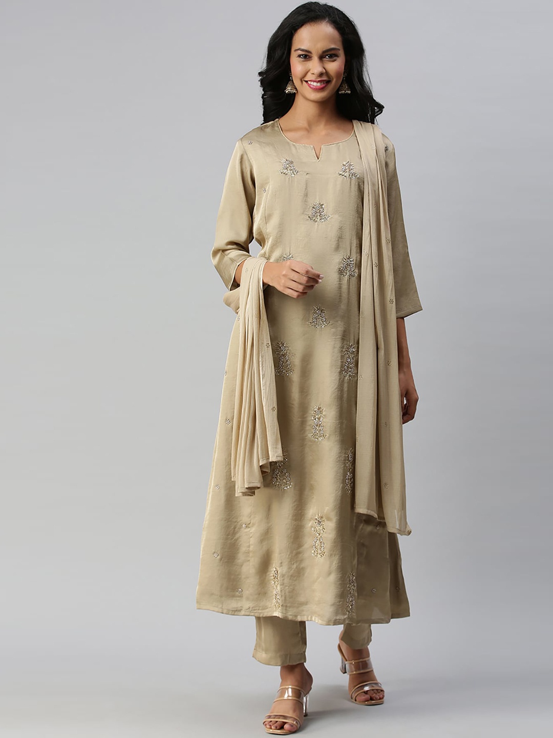 

Soch Women Beige & Silver-Toned Embroidered Kurta with Trousers & Dupatta